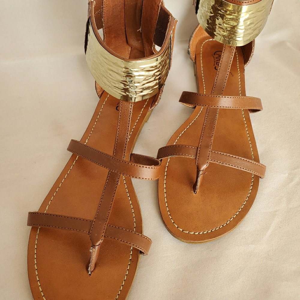 Carlos Santana Cognac and Gold Gladiator Sandals